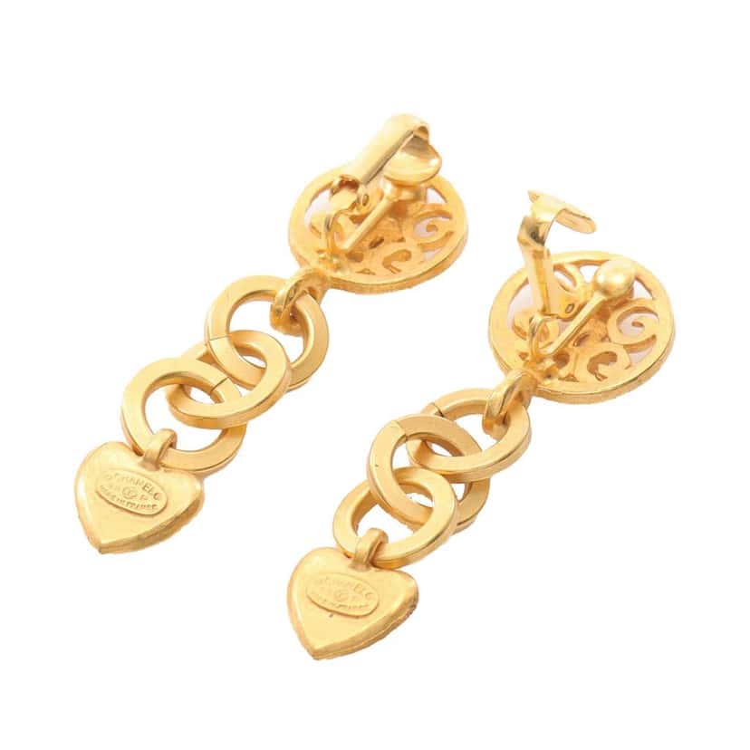 Chanel Gold Plated CC Heart Drop Clip On Earrings Gold Metal Good condition - Back View