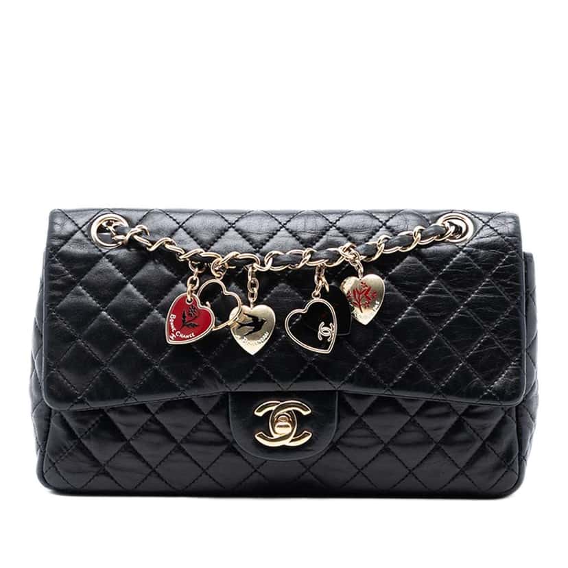 Chanel Medium Classic Lambskin Valentines Heart Charms Single Flap Black Leather Good condition - Front View