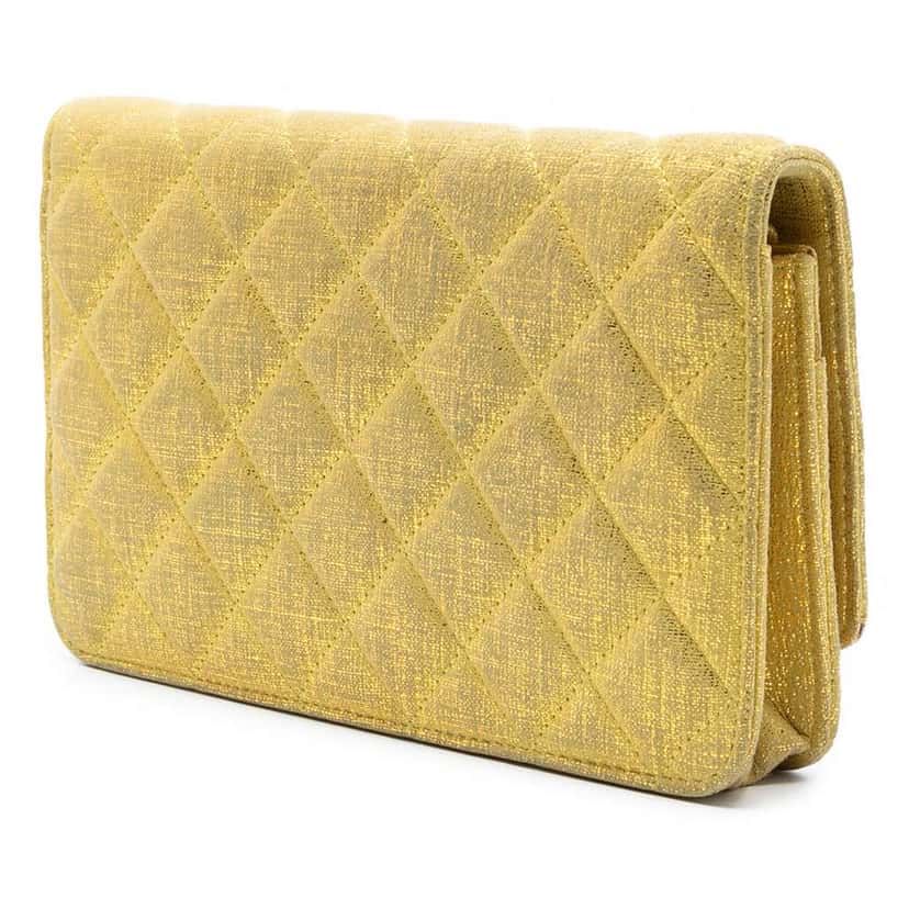 Chanel CC Quilted Metallic Fabric Wallet On Chain Yellow Polyester Good condition - Back View