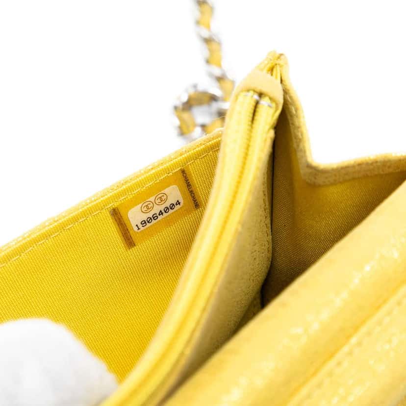 Chanel CC Quilted Metallic Fabric Wallet On Chain Yellow Polyester Good condition - Box View