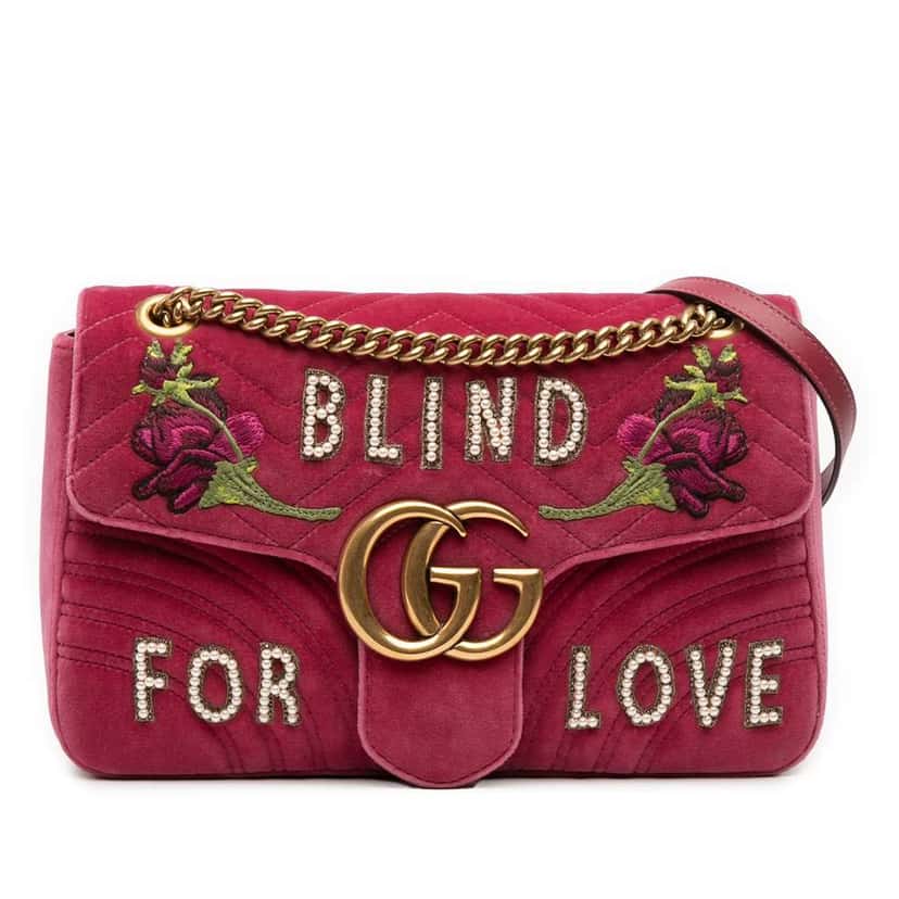 Gucci Large GG Marmont Matelasse Velvet Embroidered Blind For Love Shoulder Bag Pink Velvet Good condition - Front View