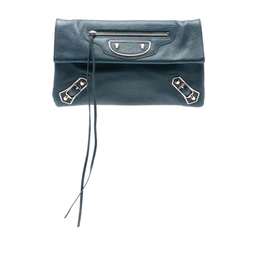 Balenciaga Chevre Motocross Classic Metallic Edge Envelope Clutch Blue Leather Good condition - Front View