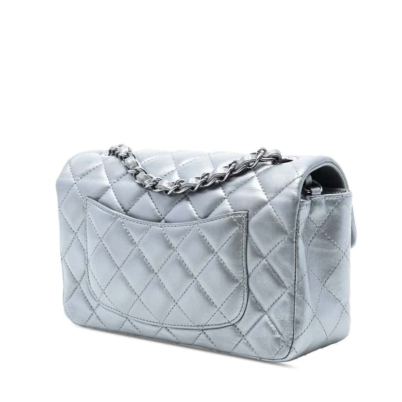 Chanel Small Quilted Metallic Lambskin Single Flap Silver Leather Very good condition - Back View