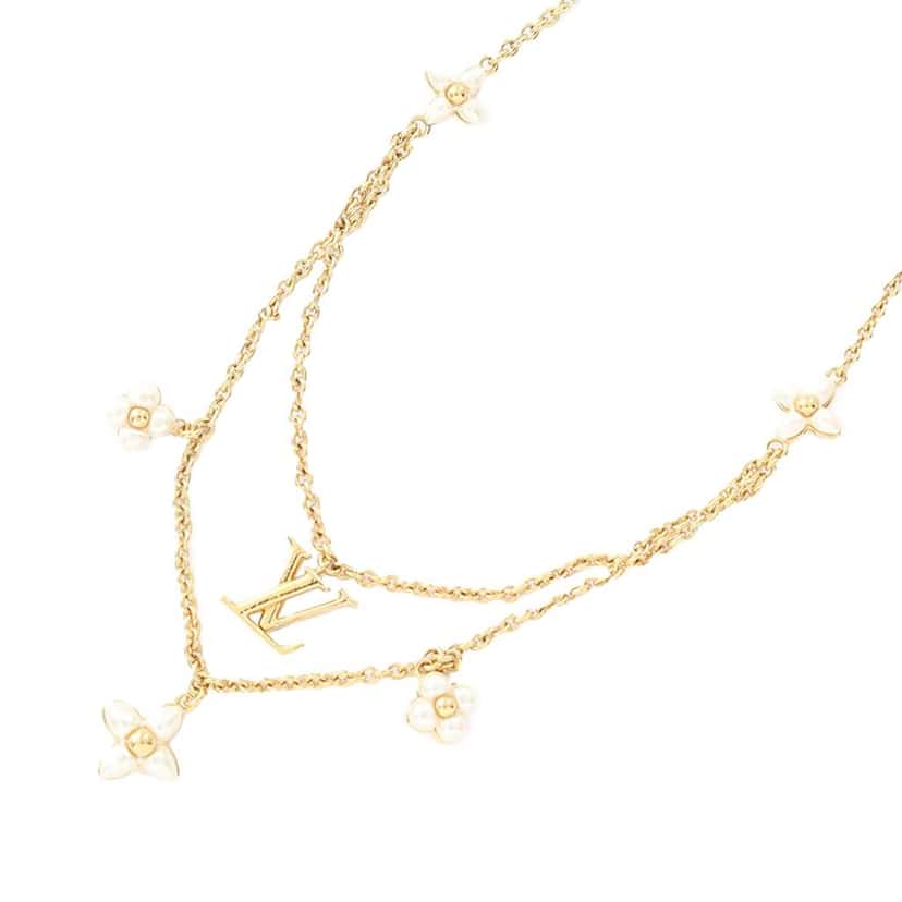 Louis Vuitton Gold Plated Faux Pearl LV Floragram Necklace Gold Metal Good condition - Back View