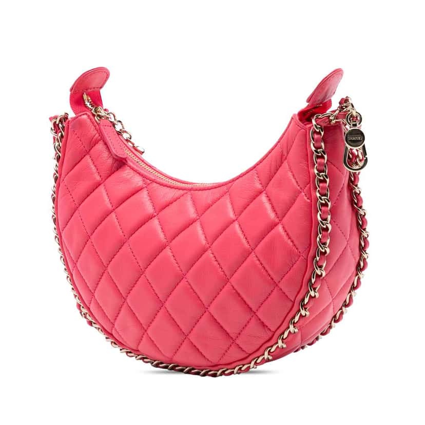 Chanel Small Quilted Lambskin Chain Around Hook Hobo Bag Pink Leather Very good condition - Back View