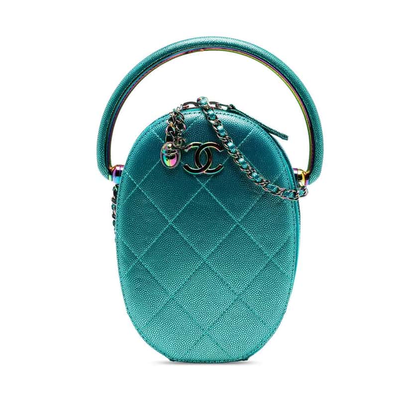 Chanel Quilted Metallic Caviar Rainbow Hardware Oval Camera Bag Blue Leather Very good condition - Front View