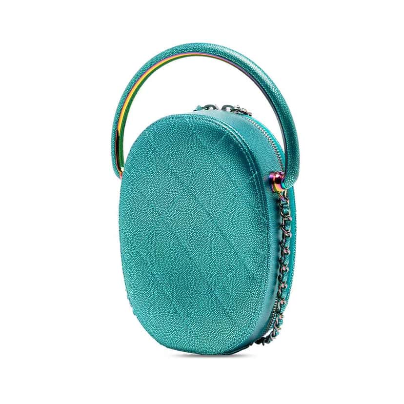 Chanel Quilted Metallic Caviar Rainbow Hardware Oval Camera Bag Blue Leather Very good condition - Back View