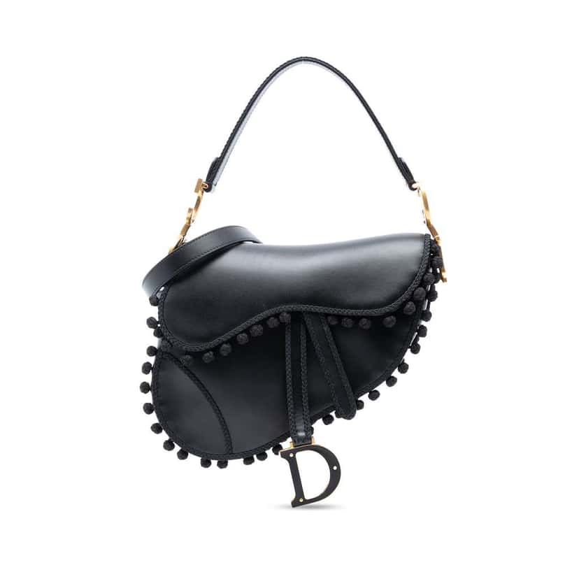 Dior Calfskin Pom Pom Saddle Bag Black Leather Good condition - Front View