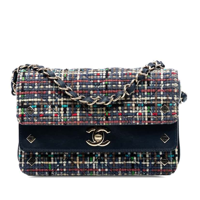 Chanel Mini CC Quilted Mixed Fibers and Lambskin Double Flap Blue Polyester Good condition - Front View