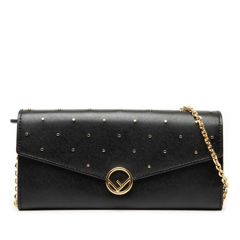 Fendi Studded Leather F is Fendi Continental Envelope Wallet On Chain Black Leather Good condition - Front View