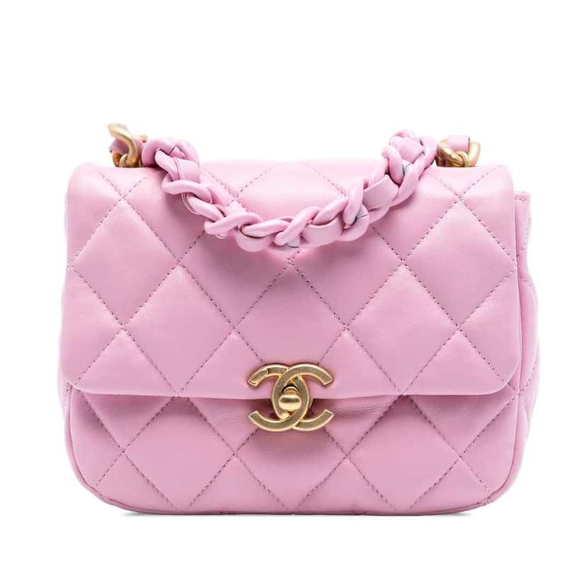 Chanel Mini Quilted Lambskin Lacquered Chain Flap Pink Leather Good condition - Front View