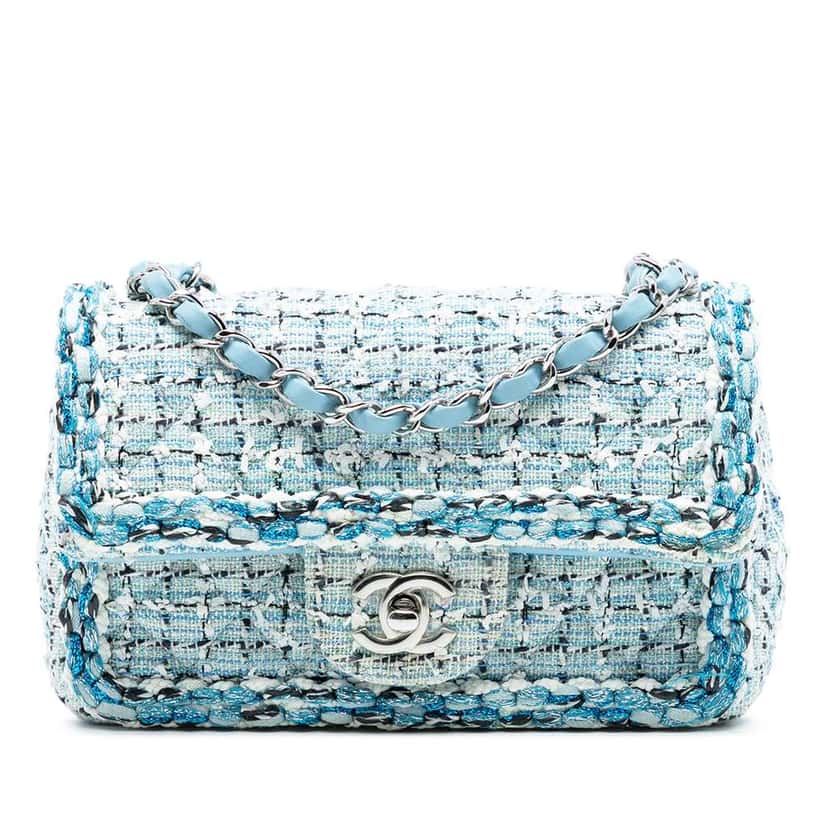 Chanel Mini Rectangular Classic Tweed Braided Single Flap Blue Tweed Good condition - Front View