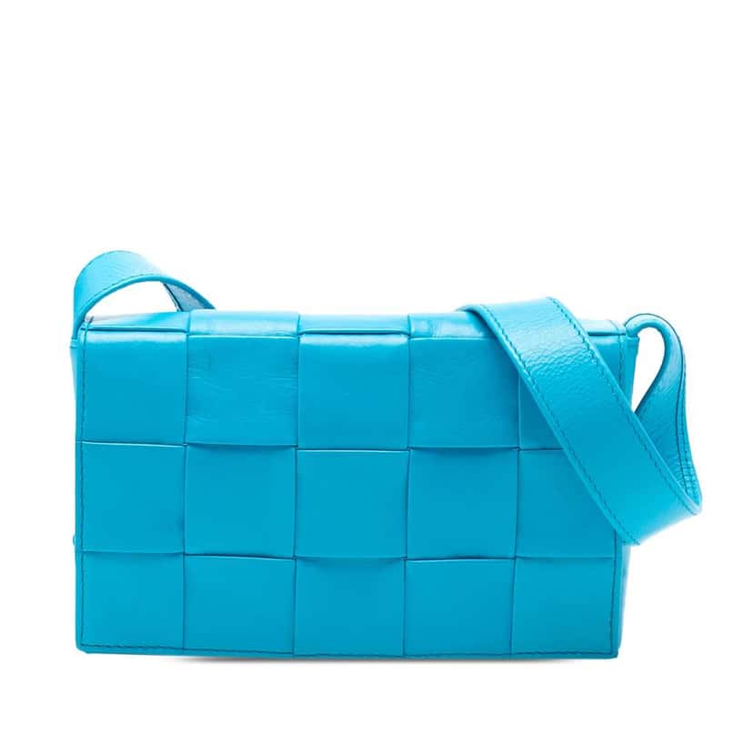 Bottega Veneta Small Paper Calfskin Intrecciato Cassette Crossbody Blue Leather Very good condition - Front View