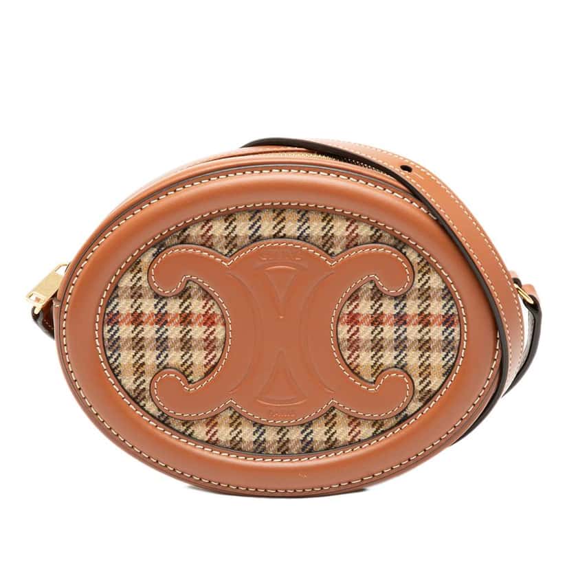 Celine Small Houndstooth Canvas and Calfskin Cuir Triomphe Oval Crossbody Brown Leather Good condition - Front View