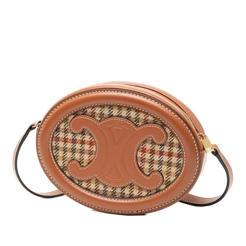 Celine Small Houndstooth Canvas and Calfskin Cuir Triomphe Oval Crossbody Brown Leather Good condition - Back View