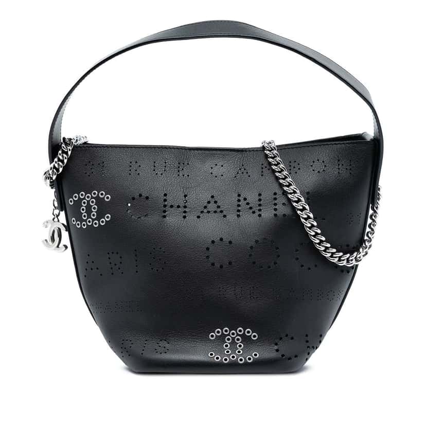 Chanel Small Perforated Calfskin Logo Eyelet Bucket Bag Black Leather Very good condition - Front View