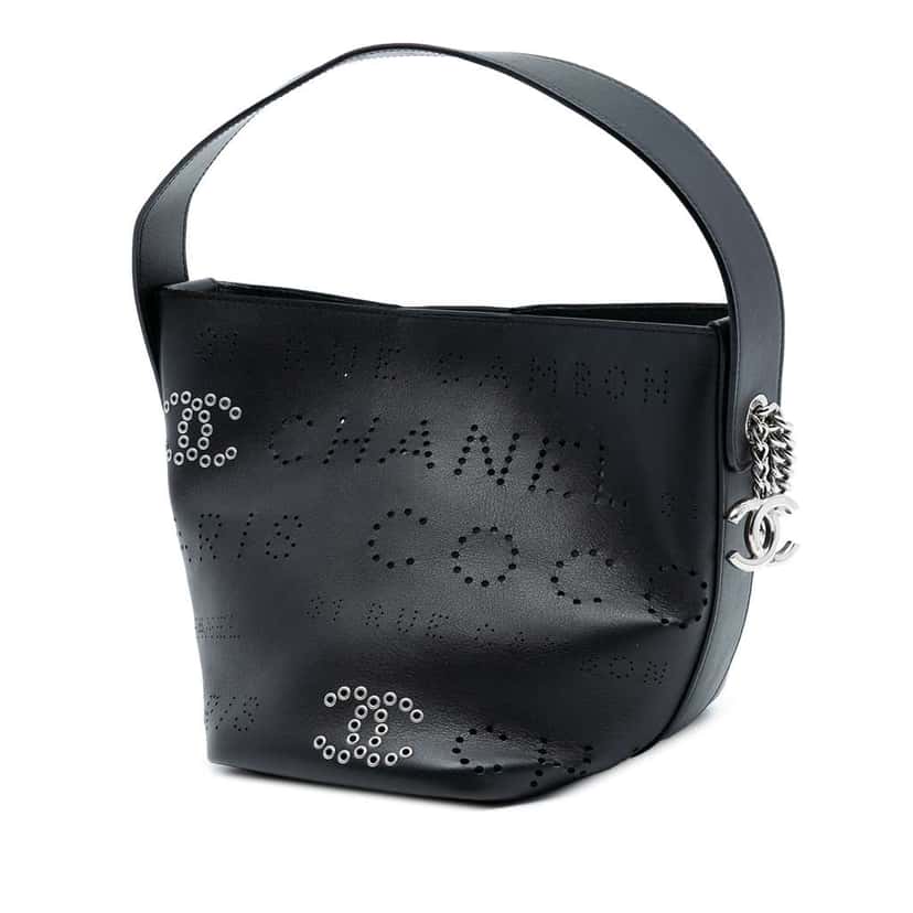 Chanel Small Perforated Calfskin Logo Eyelet Bucket Bag Black Leather Very good condition - Back View