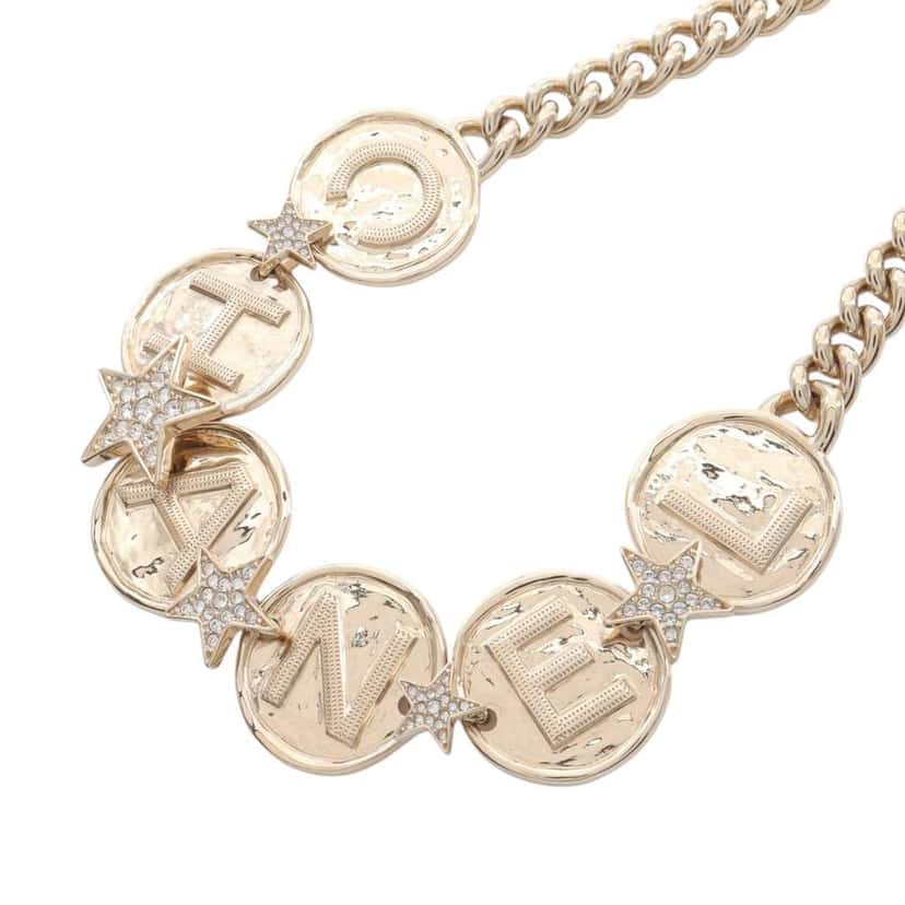 Chanel Gold Plated Crystal Star and Logo Pendant Necklace Gold Metal Good condition - Back View