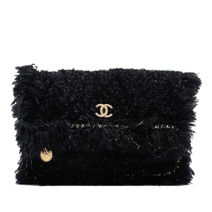 Chanel Paris Cosmopolite Tweed Fringe Clutch Black Tweed Good condition - Front View