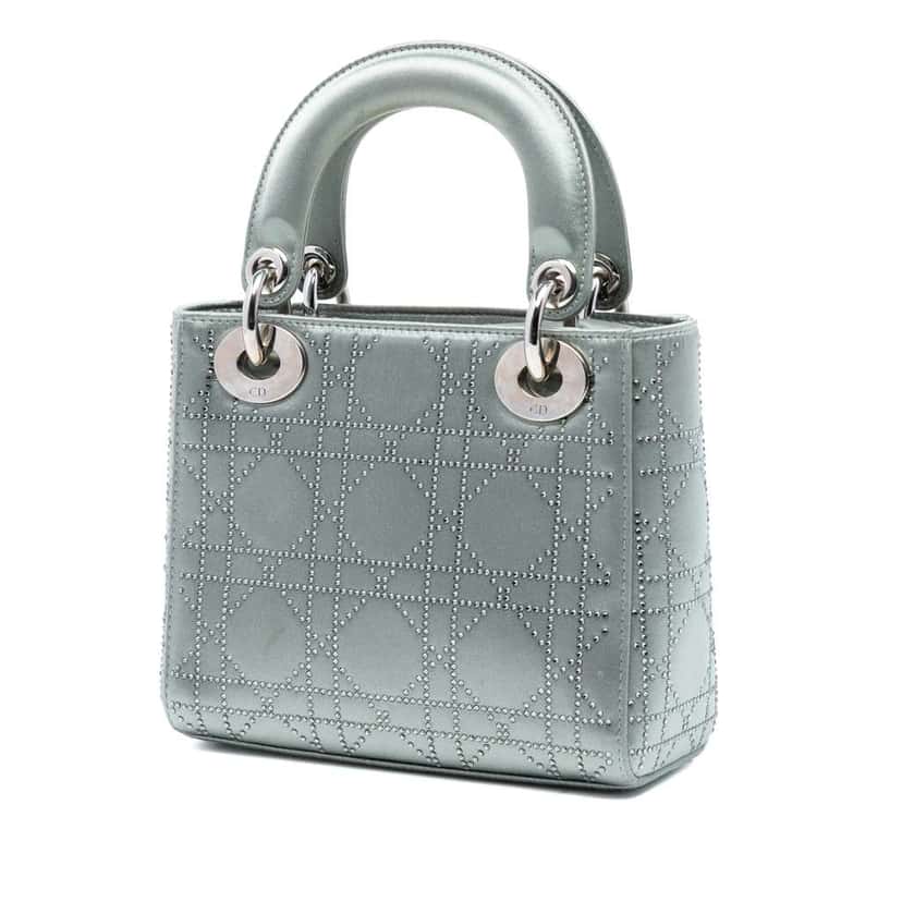 Dior Mini Satin Cannage Strass Crystal Embellished Lady Dior Grey Satin Good condition - Back View