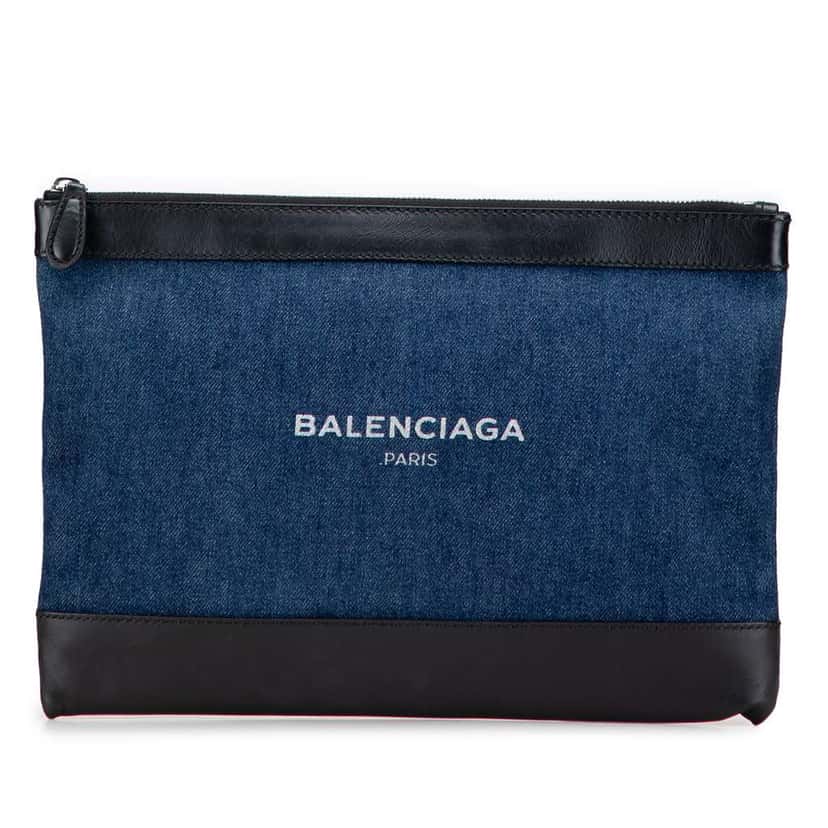 Balenciaga Denim Navy Clip M Clutch Blue Denim Good condition - Front View