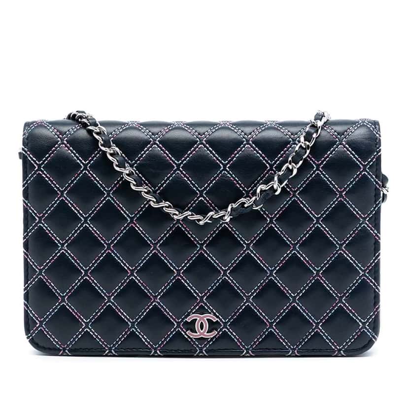 Chanel CC Quilted Lambskin Double Stitch Wallet On Chain Blue Leather Good condition - Front View