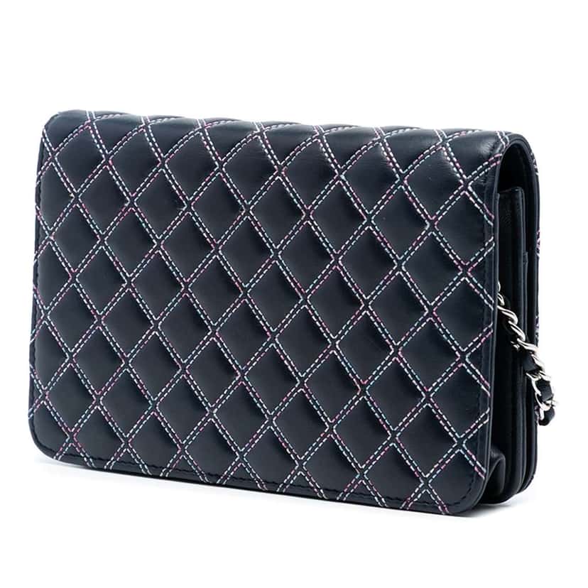 Chanel CC Quilted Lambskin Double Stitch Wallet On Chain Blue Leather Good condition - Back View