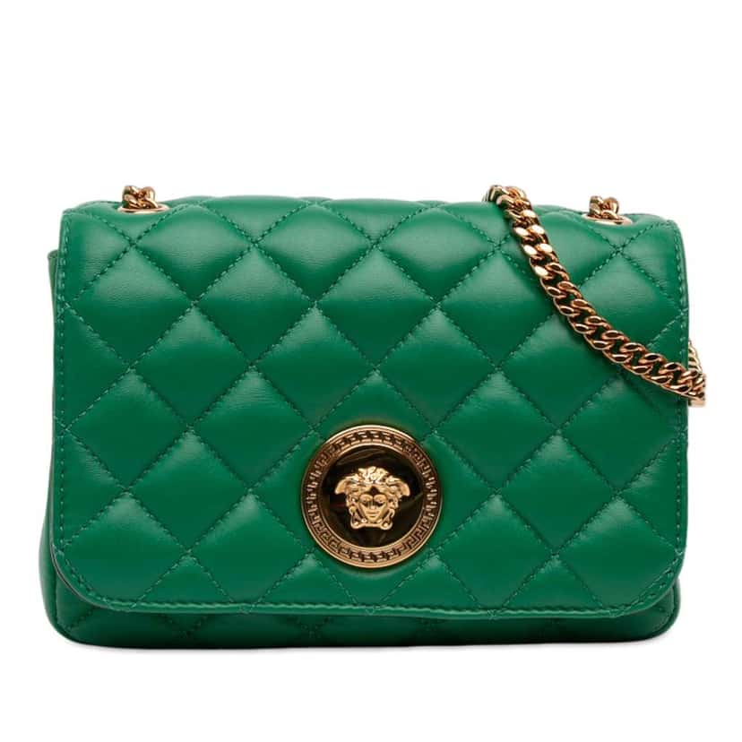 Versace Small Quilted Nappa Medusa Chain Crossbody Green Leather Good condition - Front View