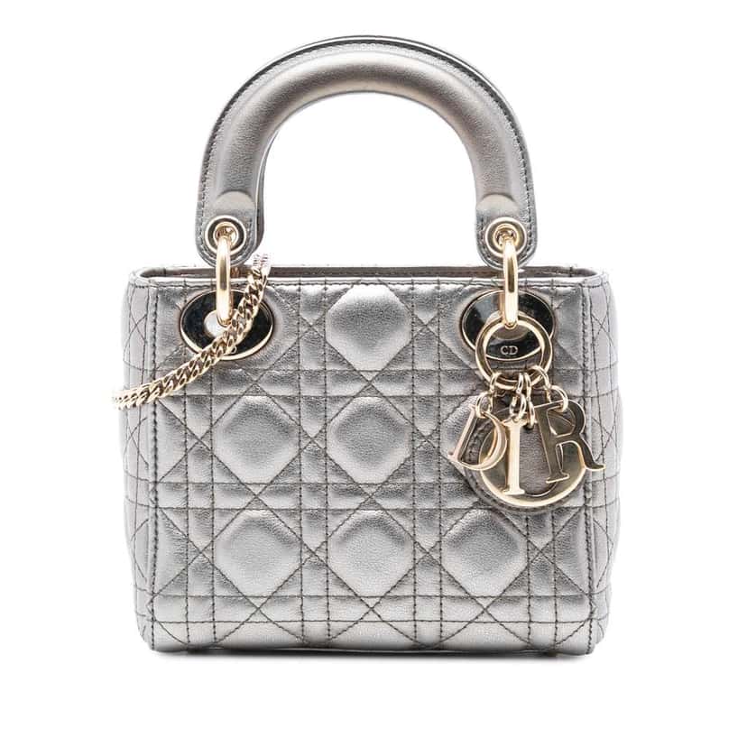 Dior Mini Metallic Lambskin Cannage Lady Dior Silver Leather Good condition - Front View