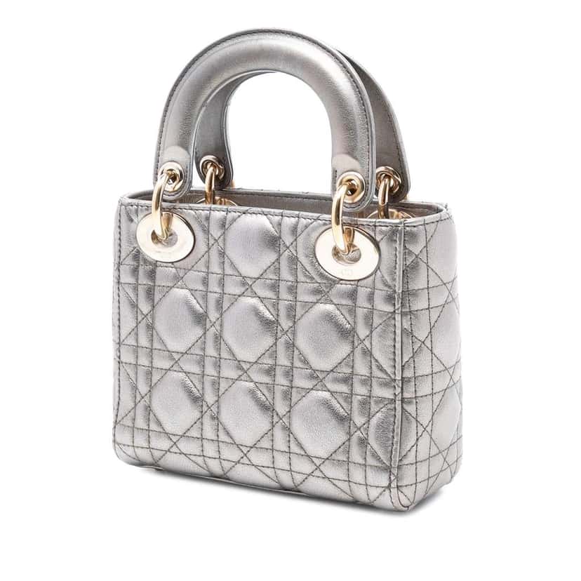 Dior Mini Metallic Lambskin Cannage Lady Dior Silver Leather Good condition - Back View