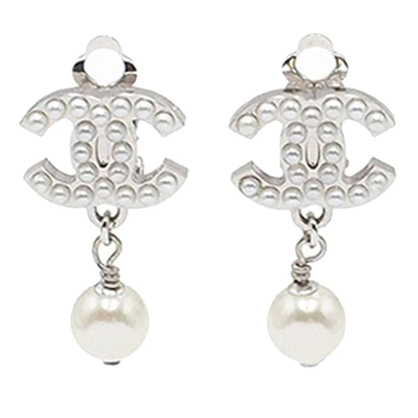 Chanel Silver Plated CC Faux Pearl Drop Clip On Earrings Silver Metal Good condition - Front View