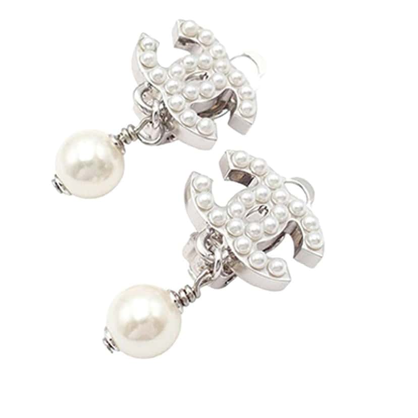 Chanel Silver Plated CC Faux Pearl Drop Clip On Earrings Silver Metal Good condition - Back View