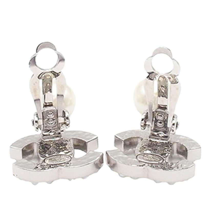 Chanel Silver Plated CC Faux Pearl Drop Clip On Earrings Silver Metal Good condition - Inside View