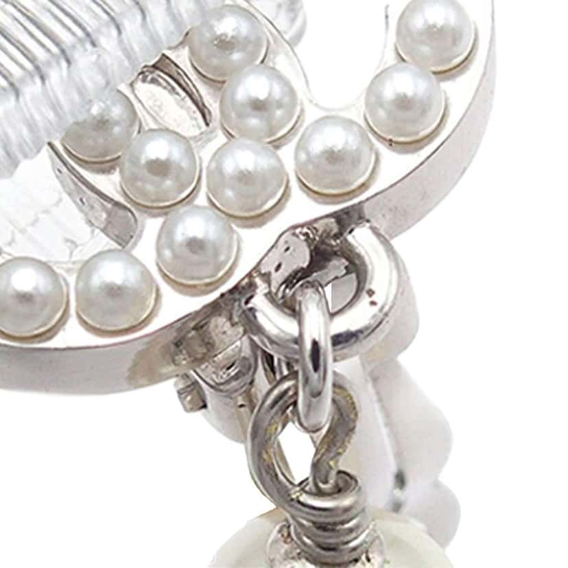 Chanel Silver Plated CC Faux Pearl Drop Clip On Earrings Silver Metal Good condition - Box View