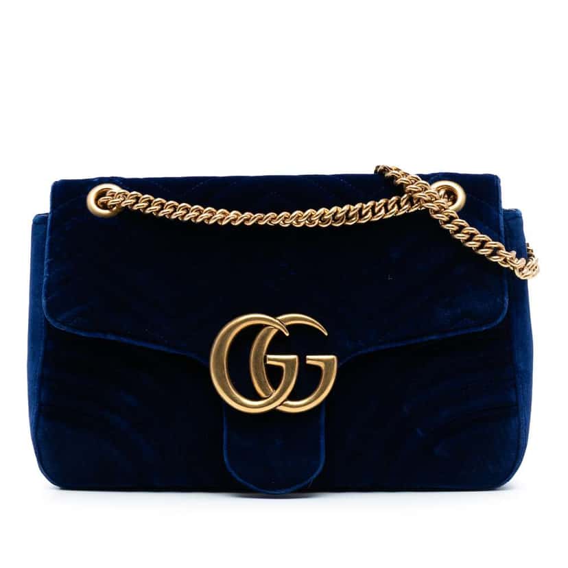 Gucci Large GG Marmont Matelasse Velvet Shoulder Bag Blue Velvet Good condition - Front View