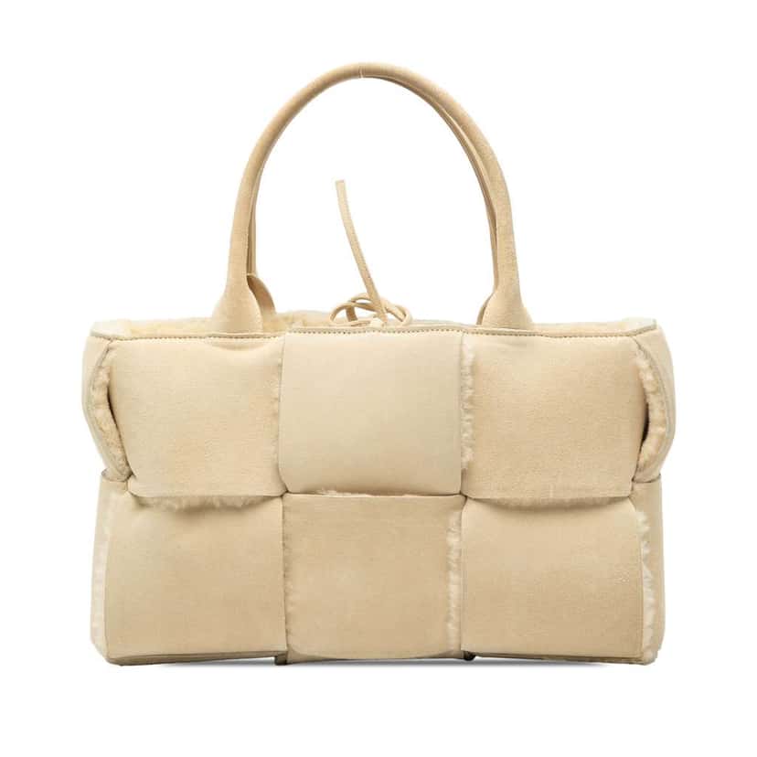 Bottega Veneta Small Suede and Shearling Maxi Intrecciato Arco Tote Brown Leather Good condition - Front View