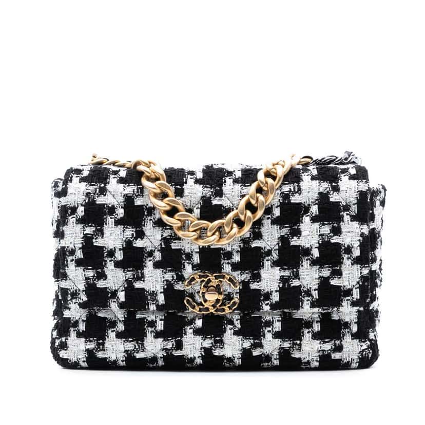 Chanel Large Houndstooth Tweed 19 Flap Black Tweed Good condition - Front View