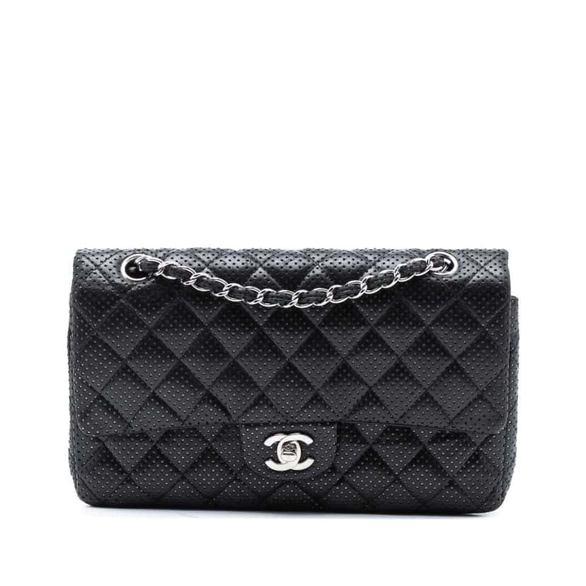 Chanel Medium Classic Perforated Lambskin Double Flap Black Leather Very good condition - Front View