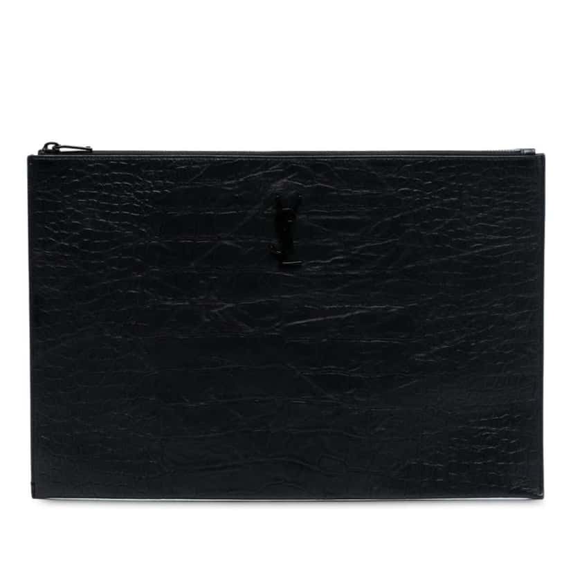 Saint Laurent Croc Embossed Leather Monogram Clutch Black Leather Very good condition - Front View