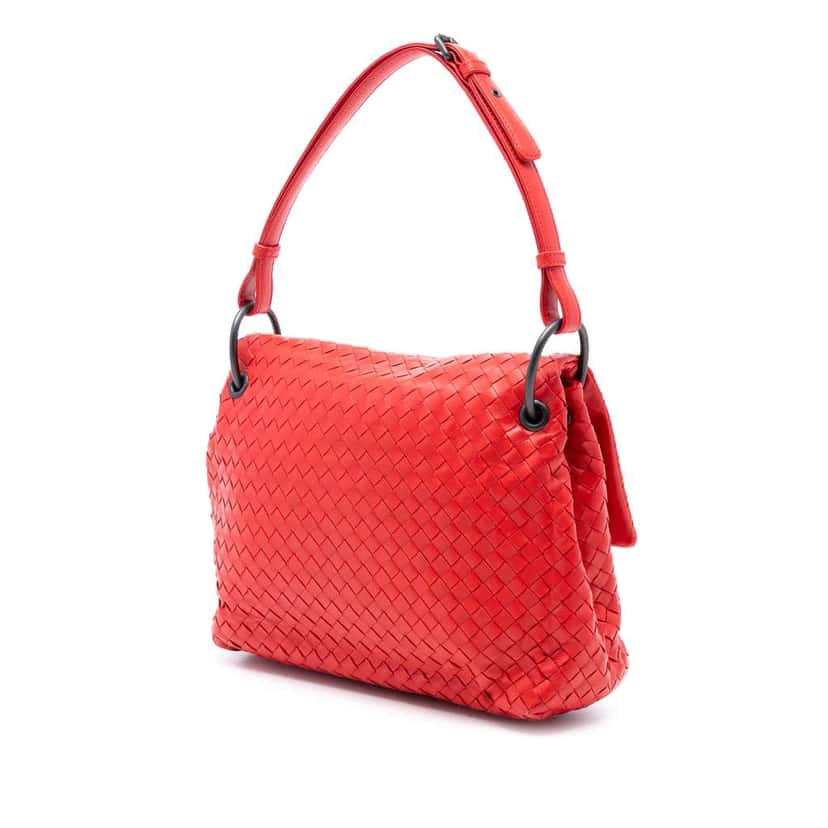 Bottega Veneta Nappa Intrecciato Flap Shoulder Bag Red Leather Good condition - Back View