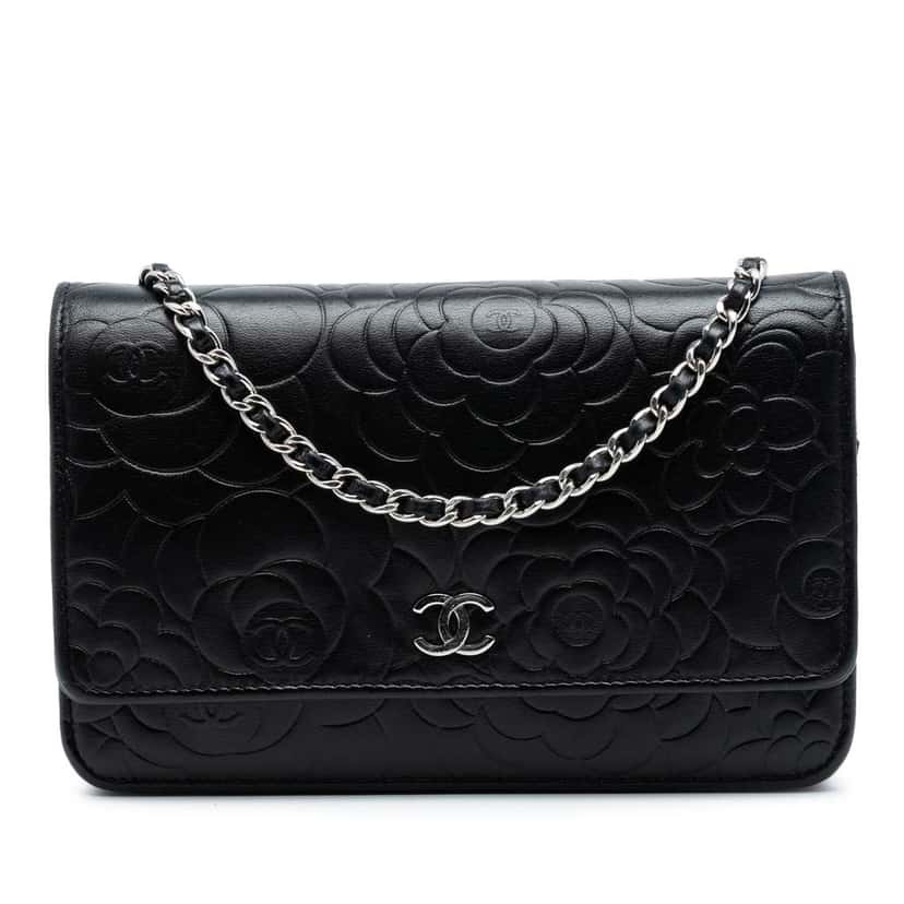 Chanel CC Embossed Lambskin Camellia Wallet On Chain Black Leather Good condition - Front View