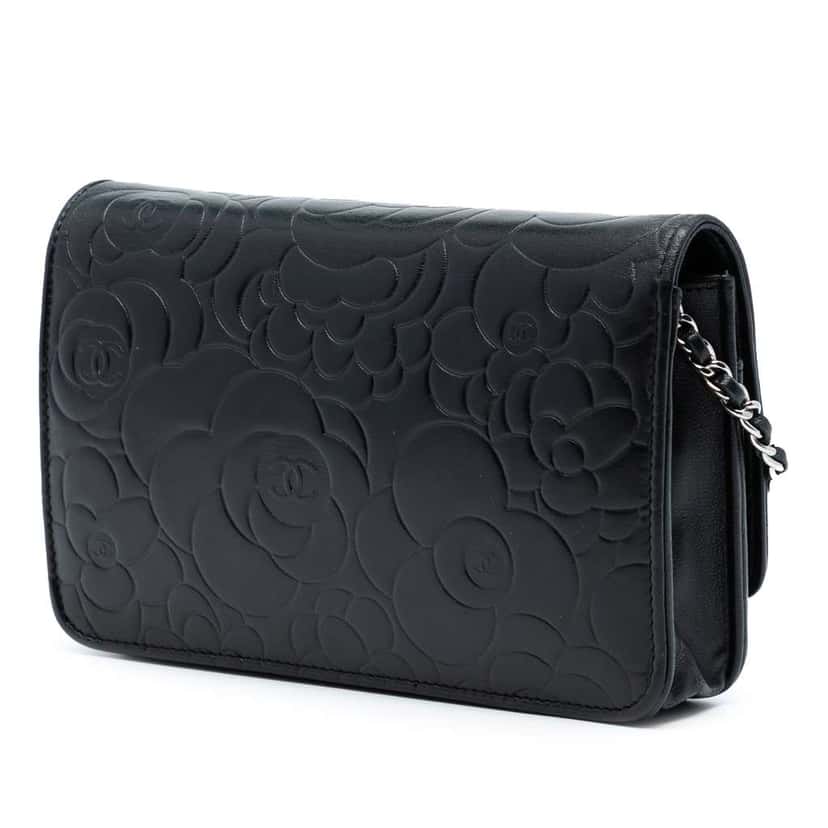 Chanel CC Embossed Lambskin Camellia Wallet On Chain Black Leather Good condition - Back View