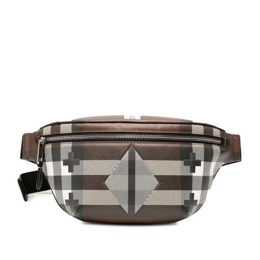 Burberry Geometric Check Coated Canvas Bum Bag Brown Canvas Good condition - Front View