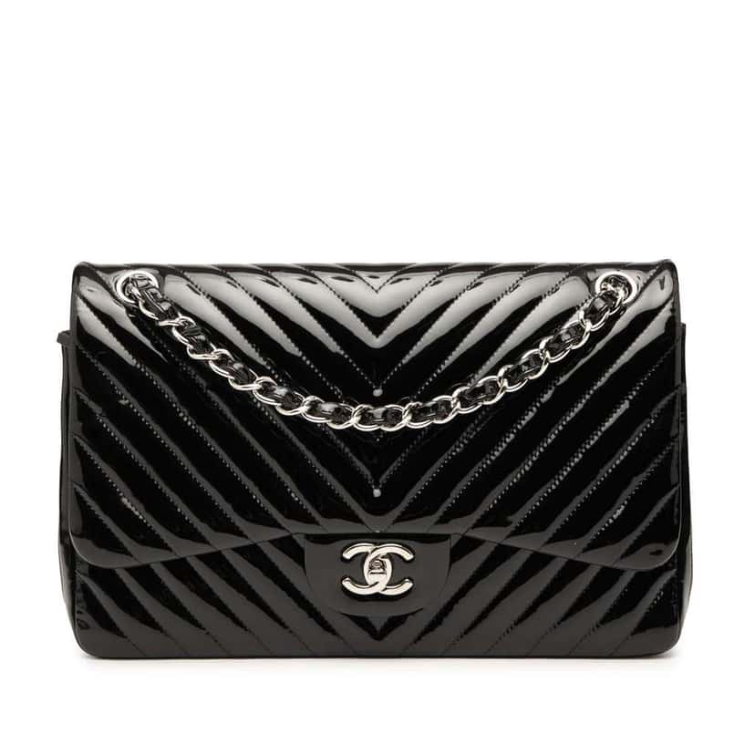 Chanel Jumbo Classic Chevron Patent Double Flap Black Leather Very good condition - Front View