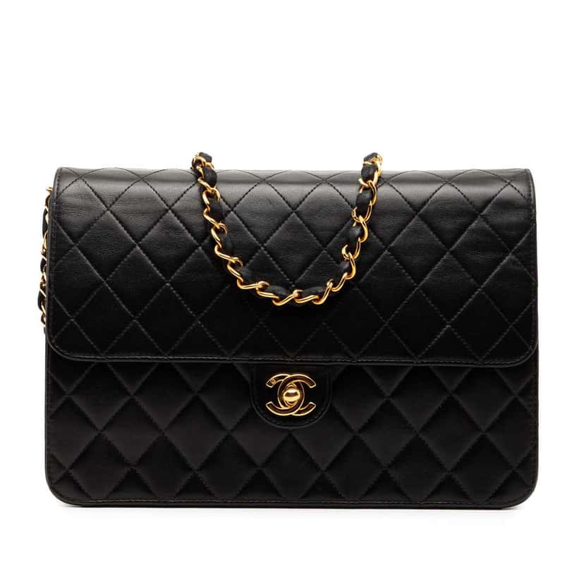 Chanel CC Quilted Lambskin Single Flap Black Leather Good condition - Front View