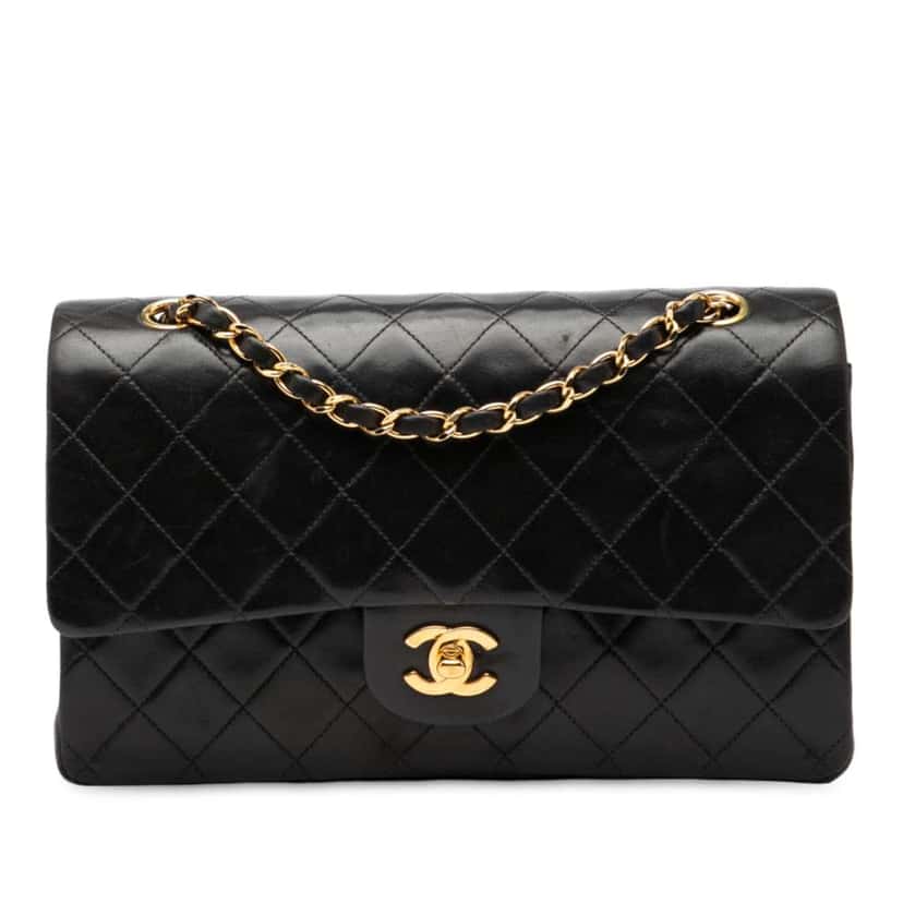 Chanel Medium Classic Lambskin Double Flap Black Leather Good condition - Front View