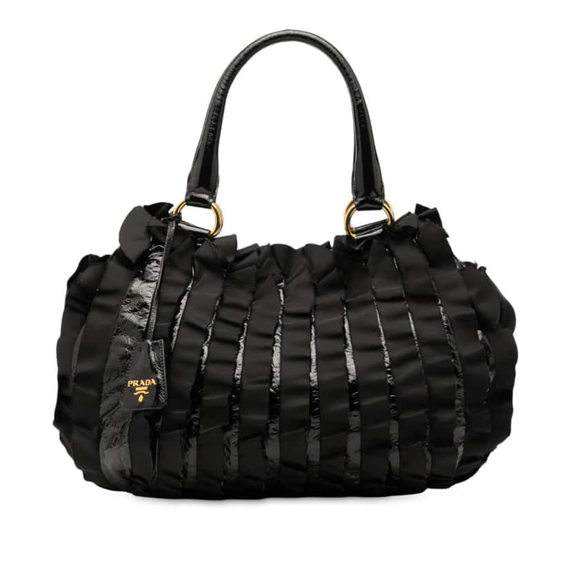 Prada Vernice and Tessuto Ruffle Tote Black Leather Good condition - Front View