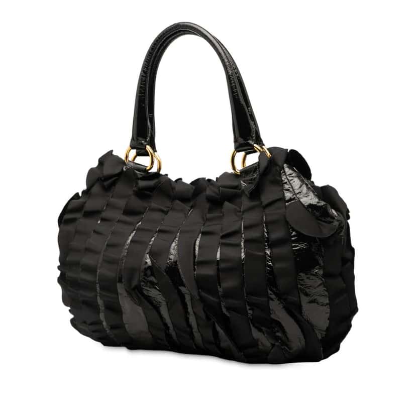 Prada Vernice and Tessuto Ruffle Tote Black Leather Good condition - Back View
