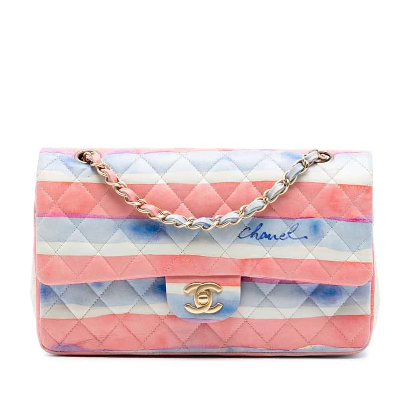 Chanel Medium Classic Printed Lambskin Watercolor Double Flap Pink Leather Very good condition - Front View