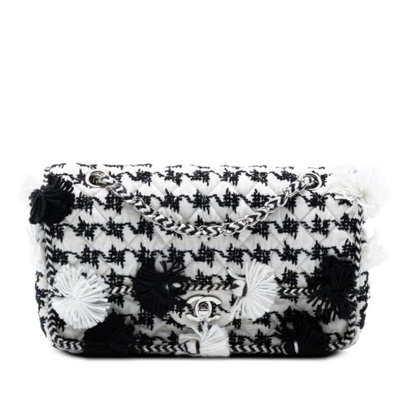 Chanel Medium Classic Embroidered Canvas Double Flap White Canvas Good condition - Front View